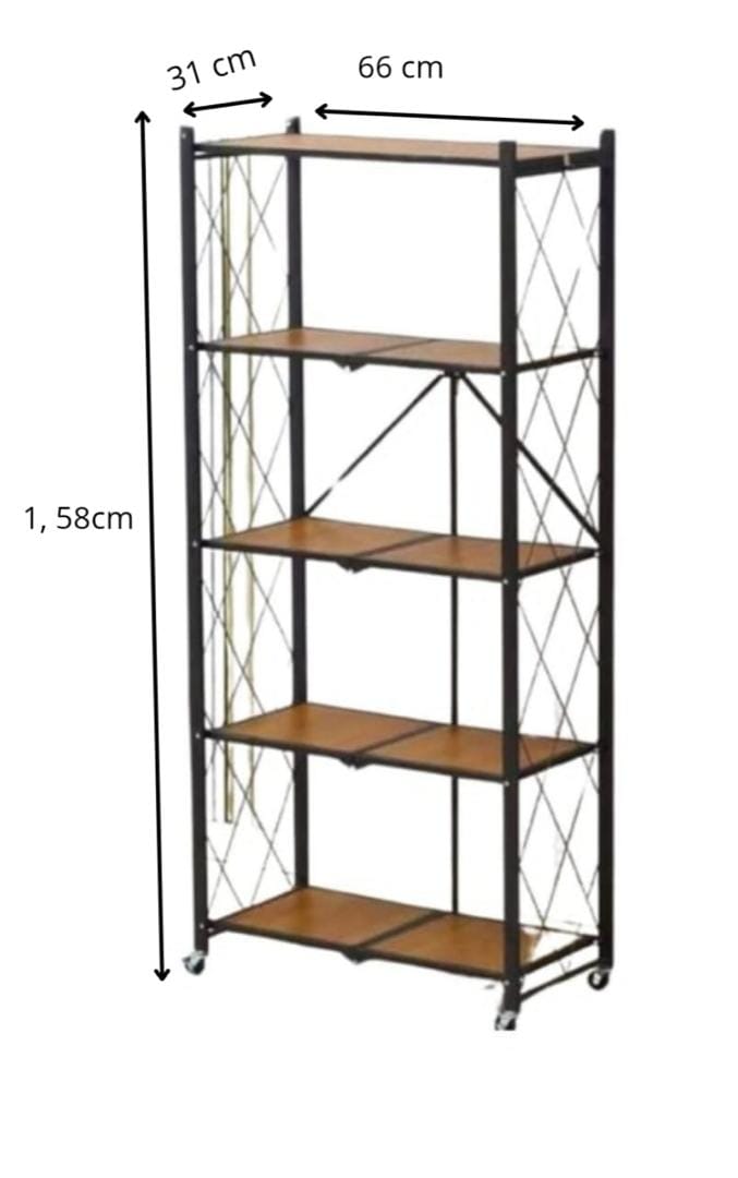 Étagère Pliable à Roulettes - 5 Niveaux Bois &amp; Métal | Gain de Place Idéal pour Salon, Cuisine ou Bureau
