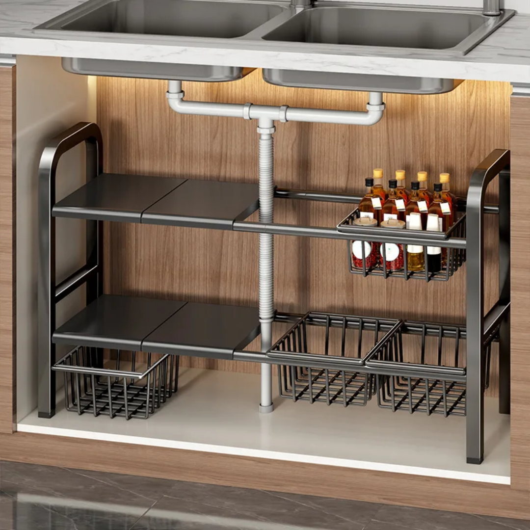 Étagère Sous-Évier 2 Niveaux avec Paniers Coulissants – Rangement Cuisine Gain de Place