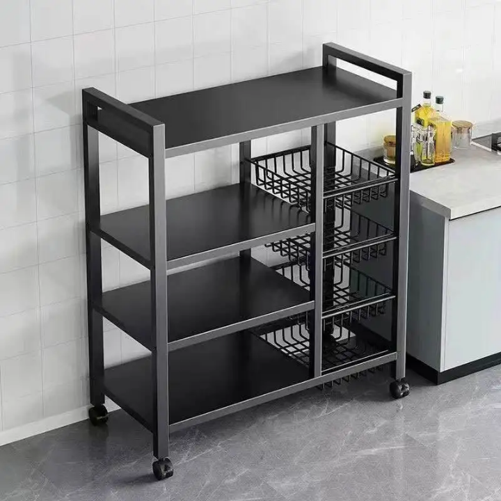 Étagère de Rangement Cuisine Multifonction à Roulettes – 4 Paniers + 3 Étagères Plates – Acier Noir – 80/90/120 cm