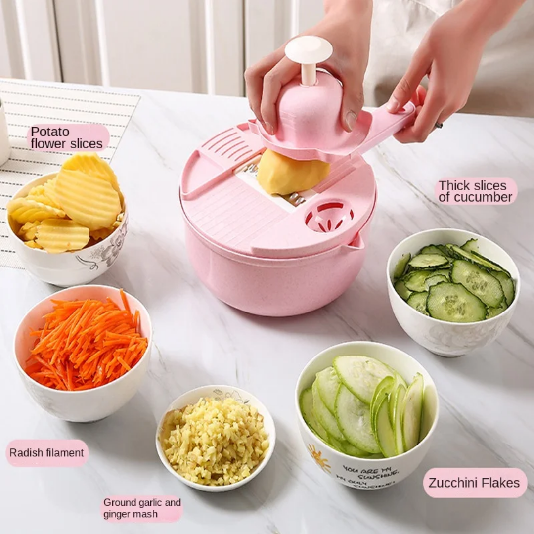 Coupe-Légumes Rotatif 7 Lames Inox + Panier Égouttoir | Mandoline Multifonction