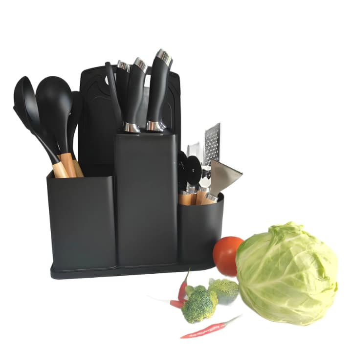 Set Complet d’Ustensiles de Cuisine avec Support – Couteaux, Cuillères, Râpe & Plus – Design Élégant Noir