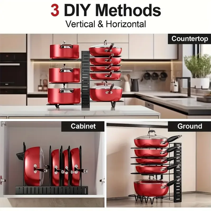 Organisateur Modulable Pour Casseroles & Poêles – 3 Modes d’Installation – Gain d’Espace Cuisine