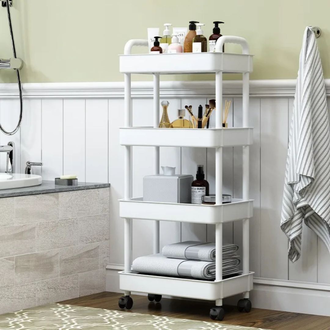 Chariot de Rangement Roulant 4 Niveaux – Blanc Minimaliste pour Salle de Bain, Bureau ou Cuisine