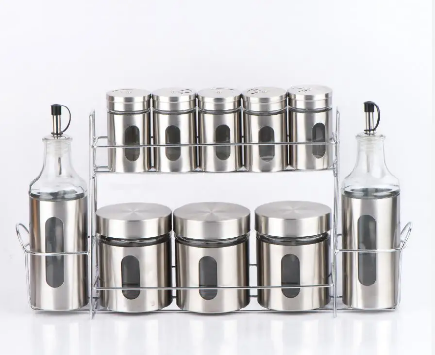 Set de Bocaux et Distributeurs Inox avec Support – Rangement Épices, Sucre, Huile et Condiments