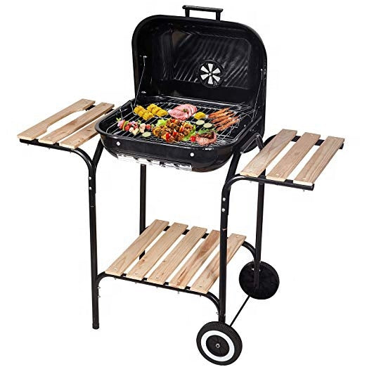 Barbecue à Charbon sur Roulettes avec Tablettes Latérales en Bois – 96 cm