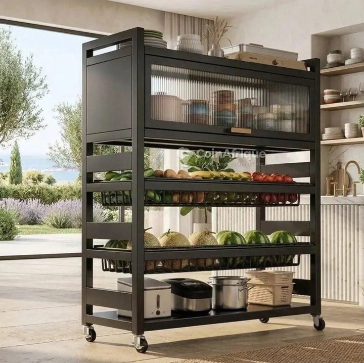 Chariot de Rangement Cuisine 5 Niveaux avec Vitrine — Étagère Mobile Multifonction 120cm