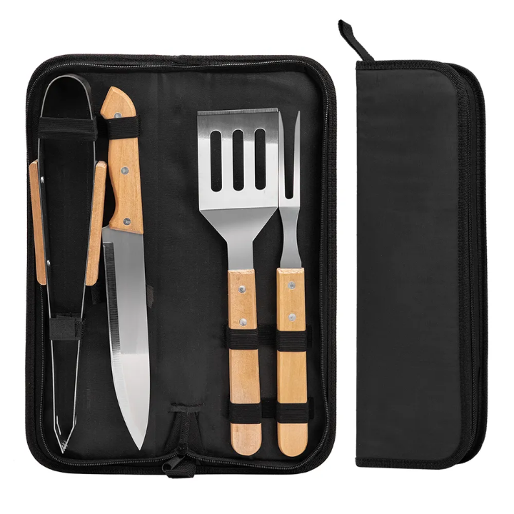 Kit Ustensiles Barbecue 4 Pièces avec Manche en Bois – Spatule, Pince, Couteau et Fourchette + Étui