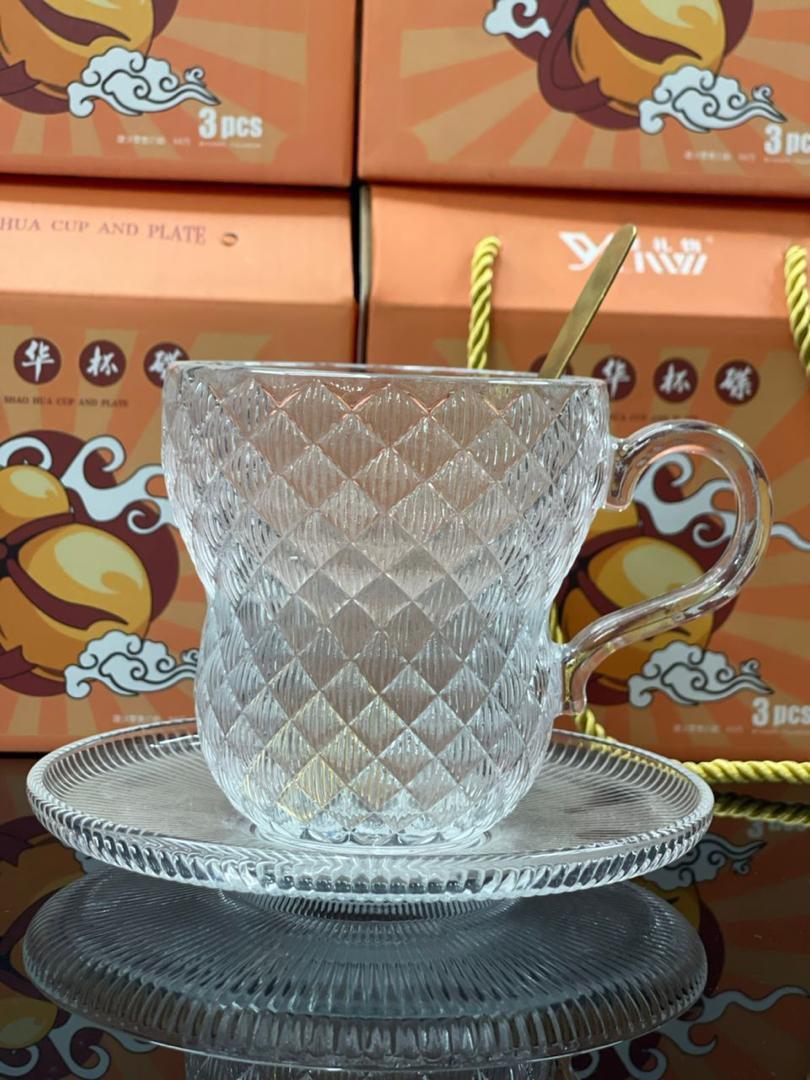 Tasse en Verre avec Assiette et Cuillère – Set 3 Pièces Élégant pour Café, Thé et Infusions