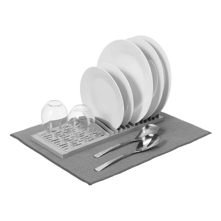 Égouttoir à vaisselle avec tapis ultra-absorbant – Support pliable pour assiettes, verres et couverts