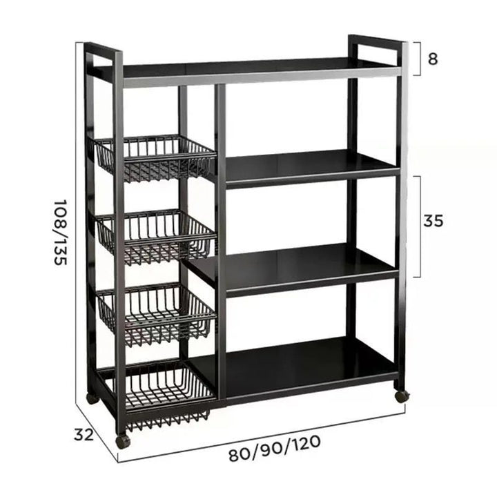 Étagère de Rangement Cuisine Multifonction à Roulettes – 4 Paniers + 3 Étagères Plates – Acier Noir – 80/90/120 cm