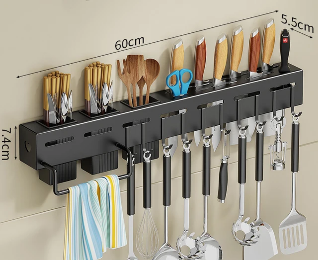 Porte-Couteaux Mural Multifonction 60cm – Rangement Cuisine Complet avec Crochets &amp; Baguettier