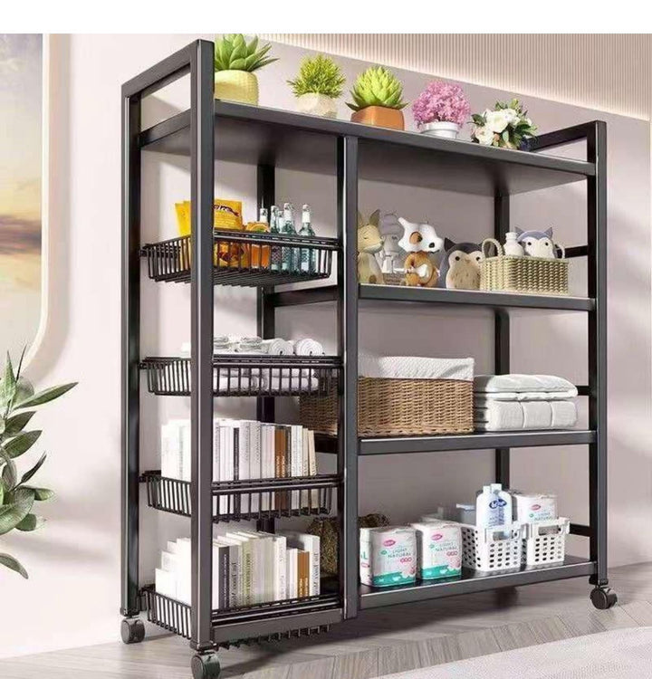 Étagère de Rangement Cuisine Multifonction à Roulettes – 4 Paniers + 3 Étagères Plates – Acier Noir – 80/90/120 cm