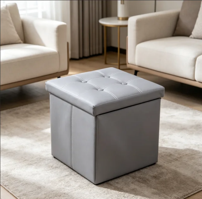 Pouf Pliant Rangement Simili Cuir avec Coffre de Stockage