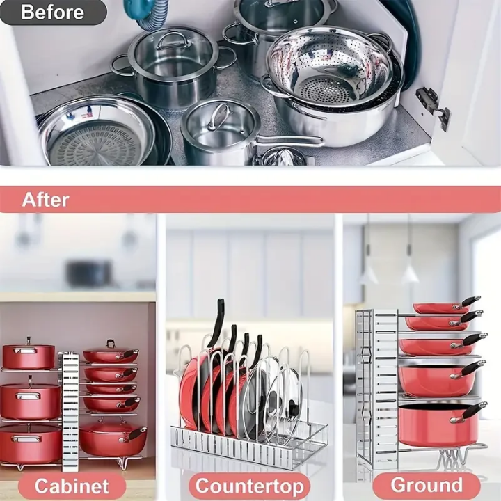 Organisateur Modulable Pour Casseroles & Poêles – 3 Modes d’Installation – Gain d’Espace Cuisine