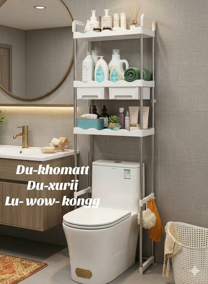 Étagère WC 3 Niveaux Inox avec Tiroirs – Rangement Salle de Bain au-dessus des Toilettes
