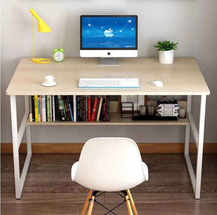 Bureau Moderne Minimaliste avec Rangement – Bois Clair & Métal Blanc