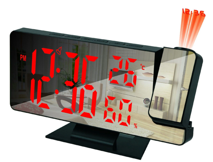 Réveil à Projection Numérique avec Miroir LED - Affichage Température et Humidité