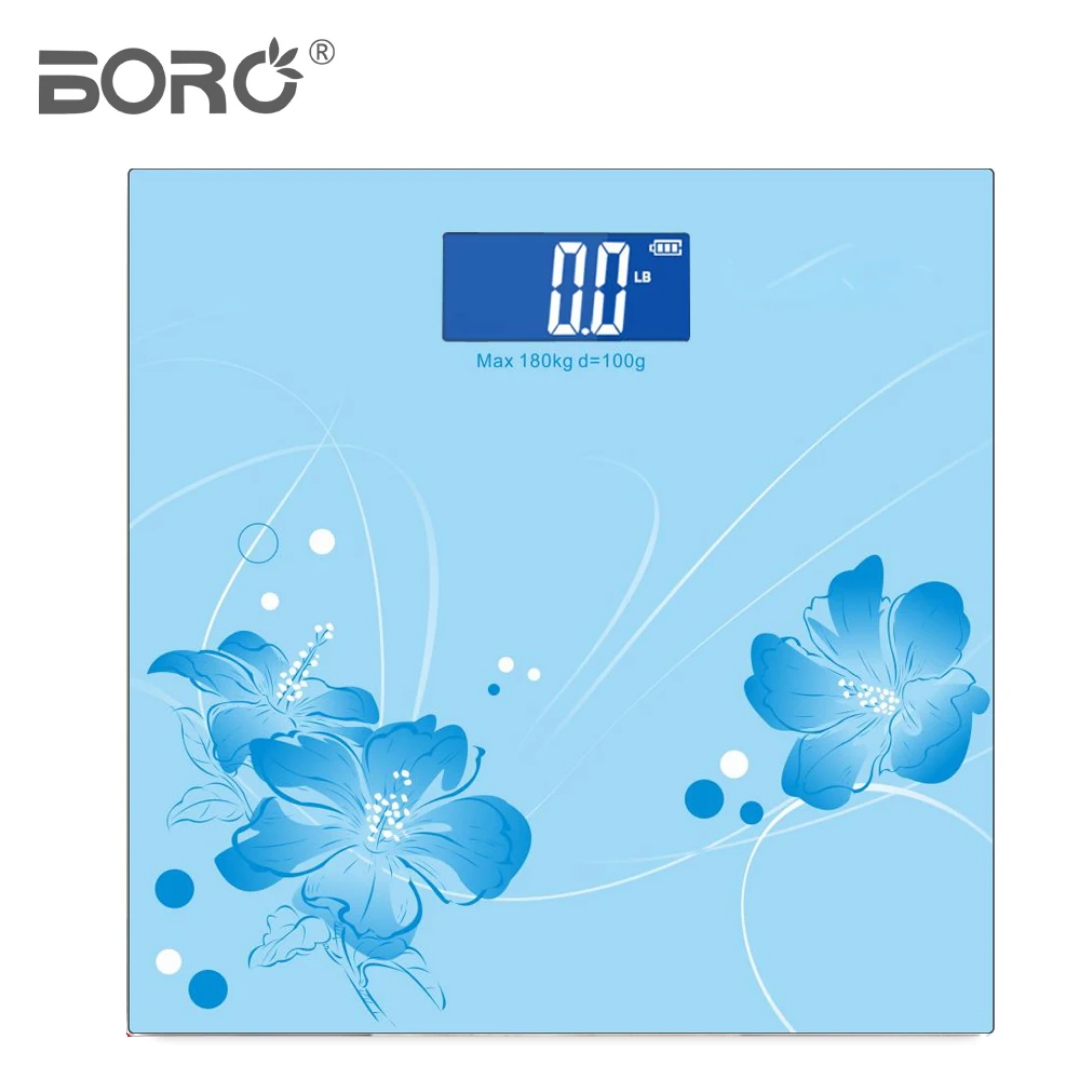 Balance Électronique Numérique Boro 180 kg – Design Fleuri Bleu avec Écran LCD