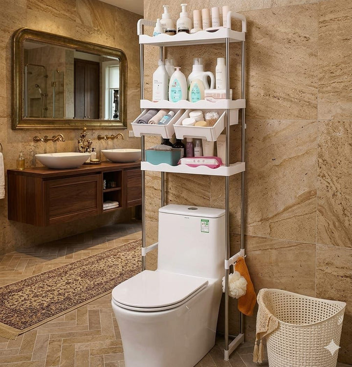 Étagère WC 3 Niveaux Inox avec Tiroirs – Rangement Salle de Bain au-dessus des Toilettes