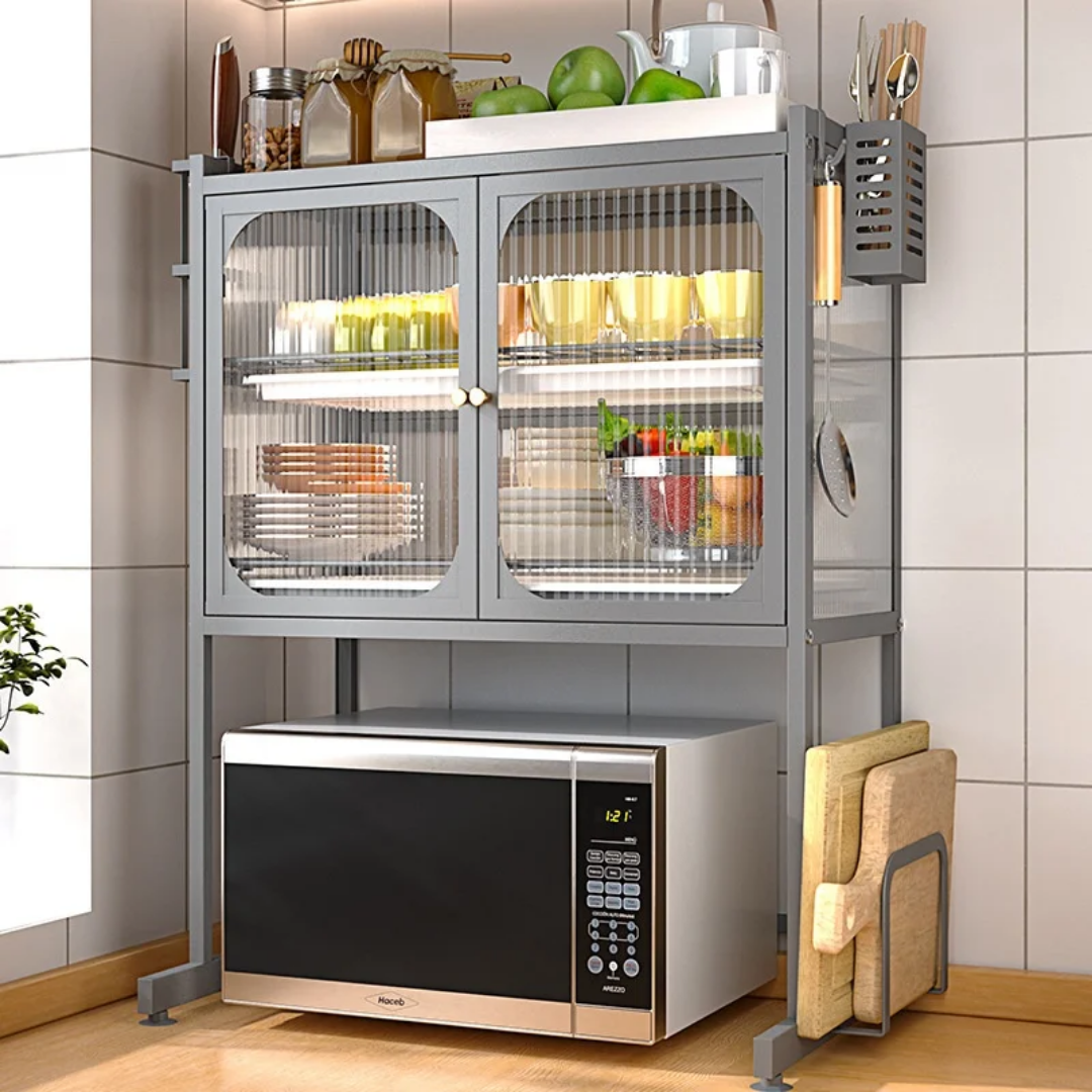 Étagère Micro-Ondes avec Armoire Vitrée &amp; Rangement Cuisine – Gain de Place