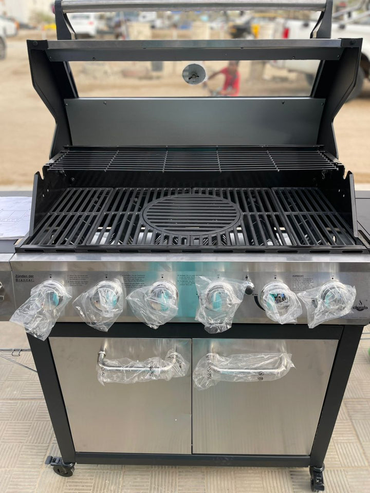 Barbecue à Gaz 6 Brûleurs avec Plancha et Rangement – Couvercle Inox, Roulettes, Tablettes Latérales