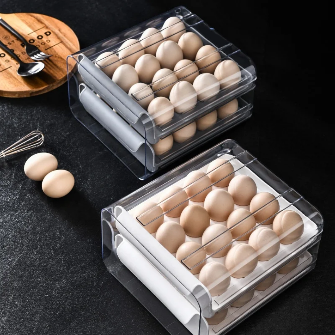 Boîte de Rangement à Œufs à Tiroirs – 2 Niveaux avec Distributeur Automatique