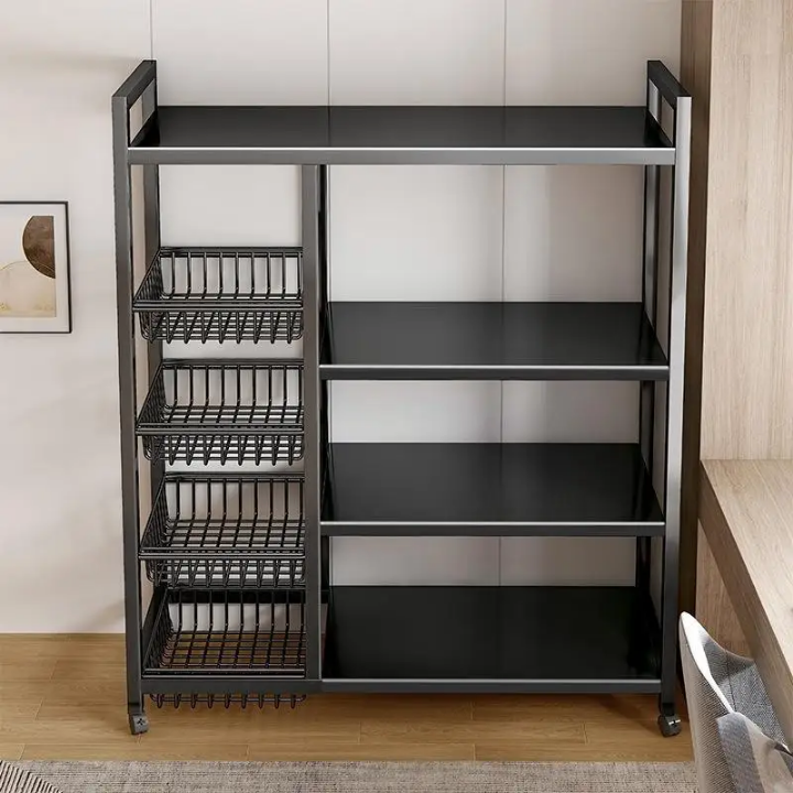 Étagère de Rangement Cuisine Multifonction à Roulettes – 4 Paniers + 3 Étagères Plates – Acier Noir – 80/90/120 cm