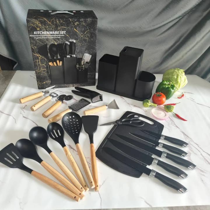 Set Complet d’Ustensiles de Cuisine avec Support – Couteaux, Cuillères, Râpe & Plus – Design Élégant Noir