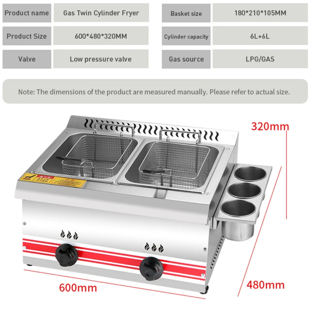 Friteuse à gaz double compartiment avec séparateurs amovibles et 3 supports latéraux