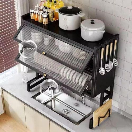 Égouttoir Évier Rangement Cuisine Inox – Support Vaisselle Anti-Poussière avec Armoire Vitrée
