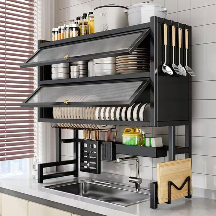 Égouttoir Évier Rangement Cuisine Inox – Support Vaisselle Anti-Poussière avec Armoire Vitrée
