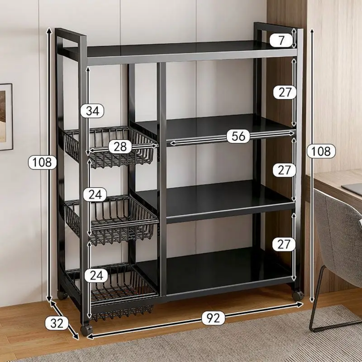 Étagère de Rangement Cuisine Multifonction à Roulettes – 3 Paniers + 3 Étagères Plates – Acier Noir – 80/90/120 cm