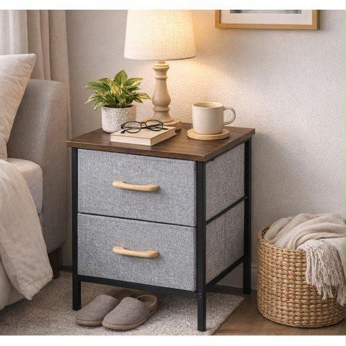Table de Chevet 2 Tiroirs en Tissu – Meuble Rangement Chambre