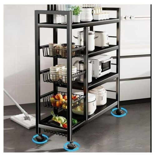 Étagère de Rangement Cuisine Multifonction à Roulettes – 3 Paniers + 3 Étagères Plates – Acier Noir – 80/90/120 cm
