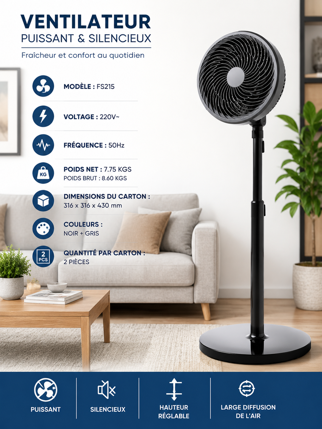Ventilateur sur Pied Silencieux FS215 – Puissant, Réglable, Noir
