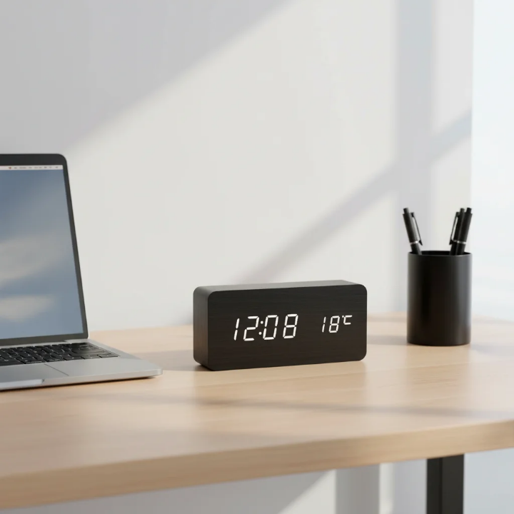 Horloge LED en Bois Design avec Affichage Température - Réveil Numérique Moderne