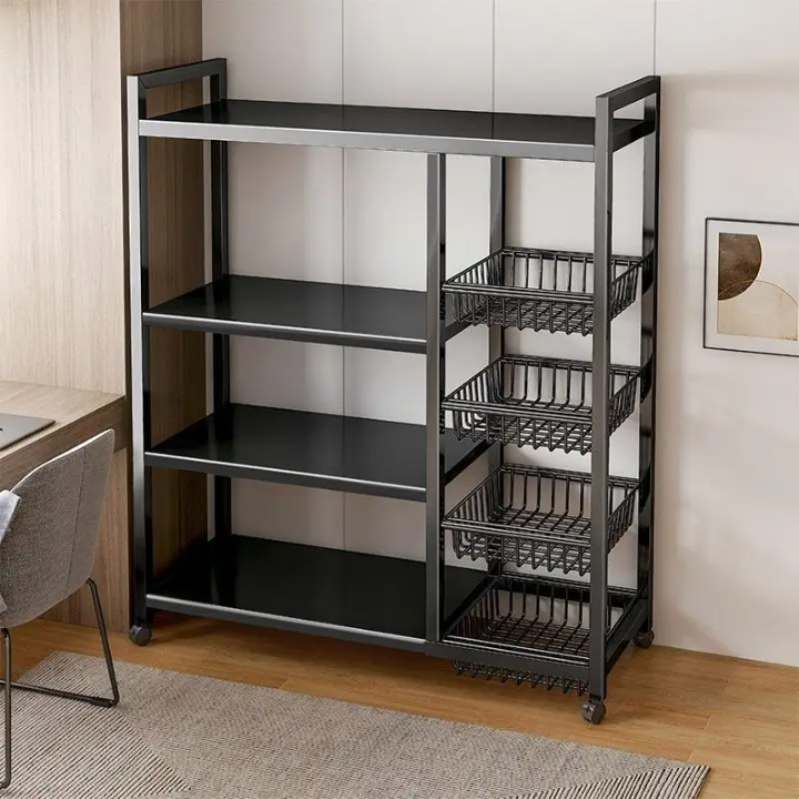 Étagère de Rangement Cuisine Multifonction à Roulettes – 4 Paniers + 3 Étagères Plates – Acier Noir – 80/90/120 cm