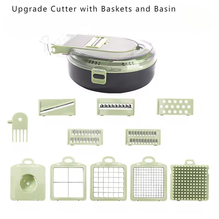 Coupe-Légumes Multifonction 9 en 1 avec Panier Égouttoir – Tranche, Râpe et Émince Facilement