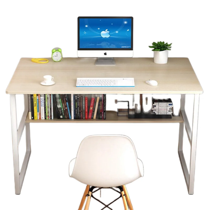 Bureau Moderne Minimaliste avec Rangement – Bois Clair & Métal Blanc