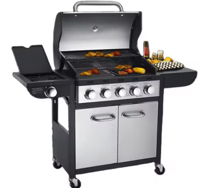 Barbecue à Gaz 6 Brûleurs avec Plancha et Rangement – Couvercle Inox, Roulettes, Tablettes Latérales