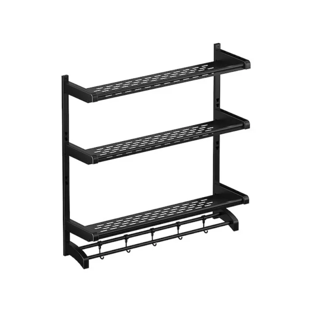 Étagère Murale 3 Niveaux avec Barre & Crochets