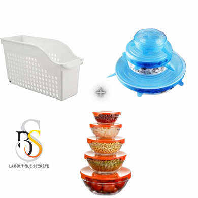 Lot de 3 ( Couvercle Extensible en Silicone  - 6 Pcs+ BOL de conservation en Verre avec couvercle 5 pièces +Boite de Rangement frigo 1 pcs) - La boutique secrète
